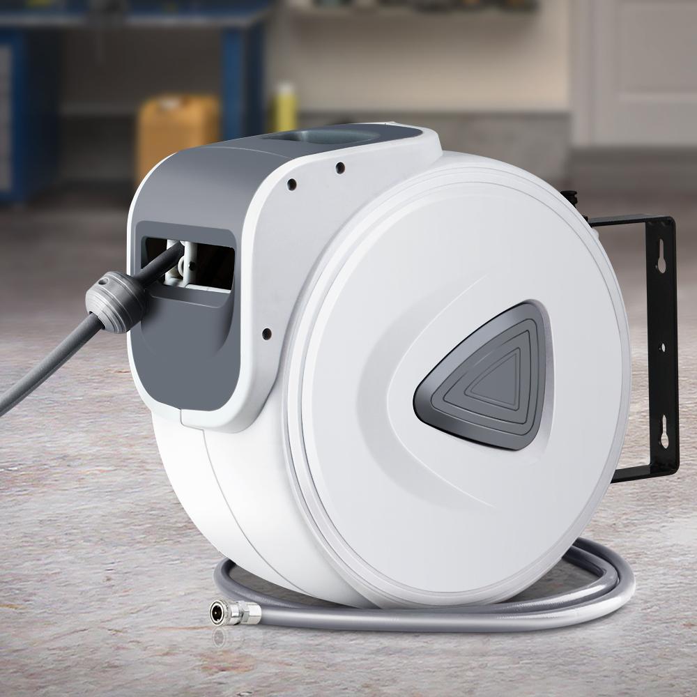 Giantz Air Hose Reel with 10m retractable hose, mounted on a wall, showcasing its swivel design and durable construction.