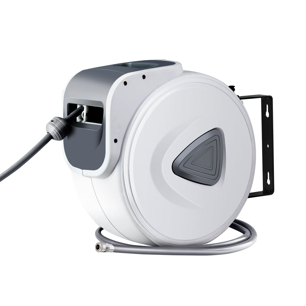 Giantz Air Hose Reel with 10m retractable hose mounted on a wall, showcasing its swivel design and durable construction.