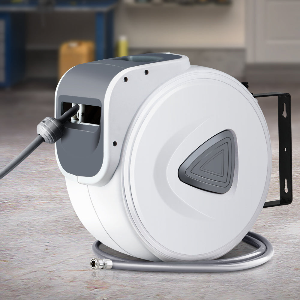 Giantz Air Hose Reel with 10m retractable hose mounted on a wall, showcasing its swivel design and durable construction.