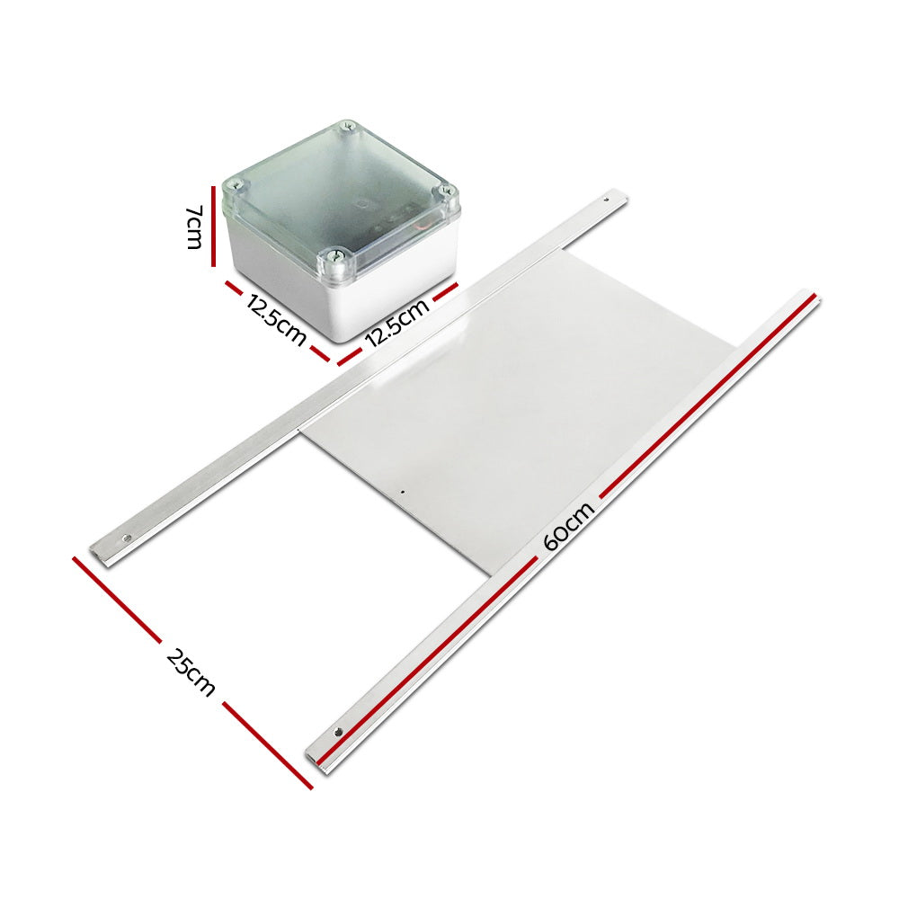 Giantz Automatic Chicken Coop Door Opener with aluminum door and weatherproof enclosure, showcasing its digital display and mounting screws.