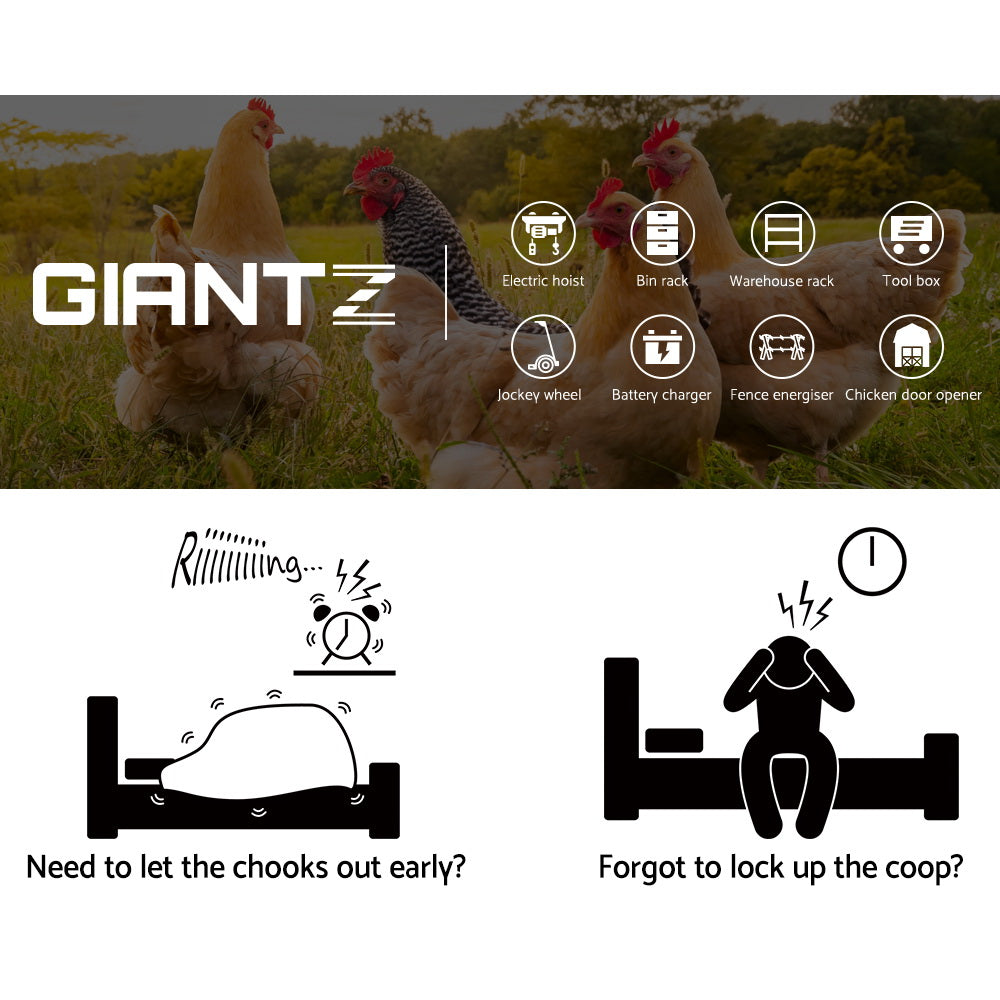 Giantz Automatic Chicken Coop Door Opener with aluminum door and weatherproof enclosure, showcasing its digital display and mounting screws.