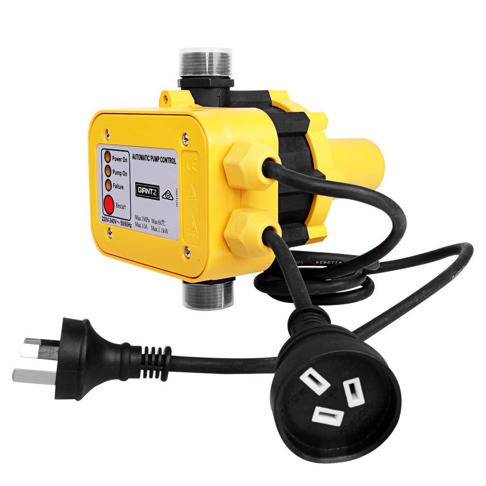 Giantz Automatic Electronic Water Pump Controller in yellow, showcasing its compact design and user-friendly features.