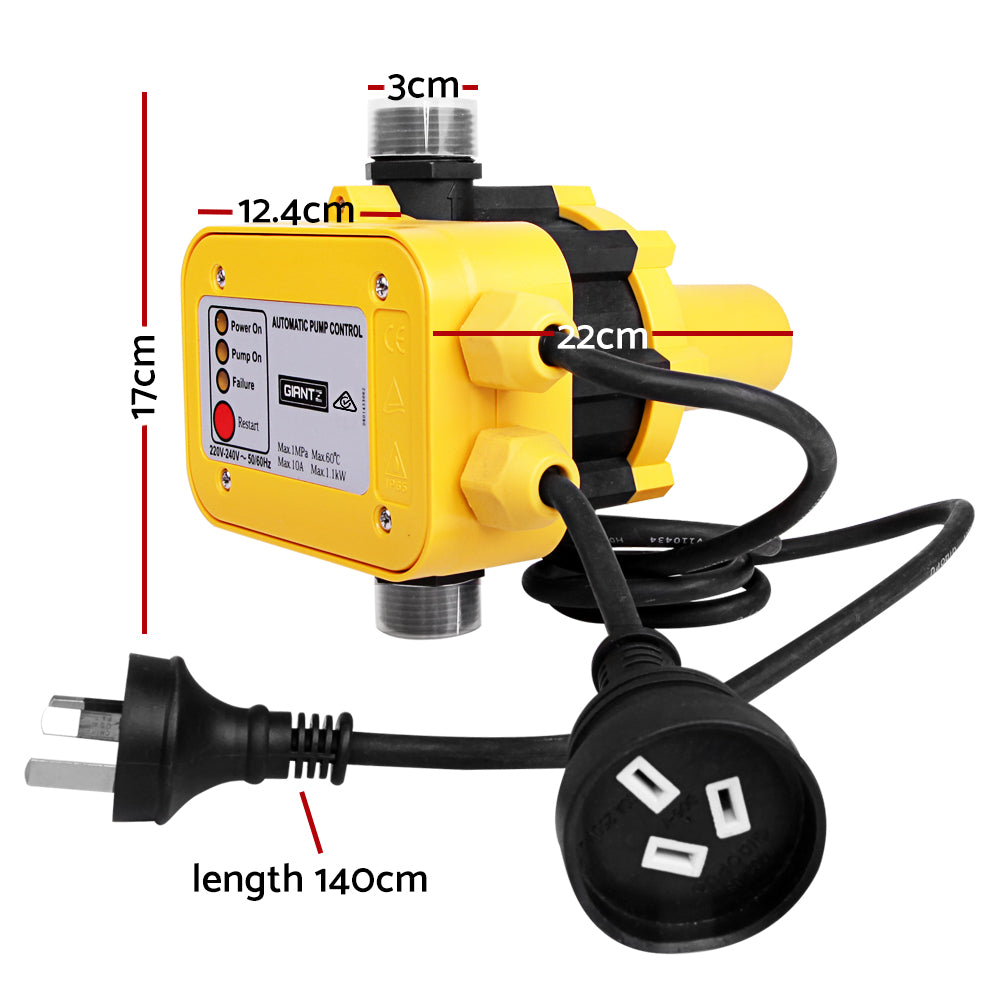 Giantz Automatic Electronic Water Pump Controller in yellow, showcasing its compact design and user-friendly features.