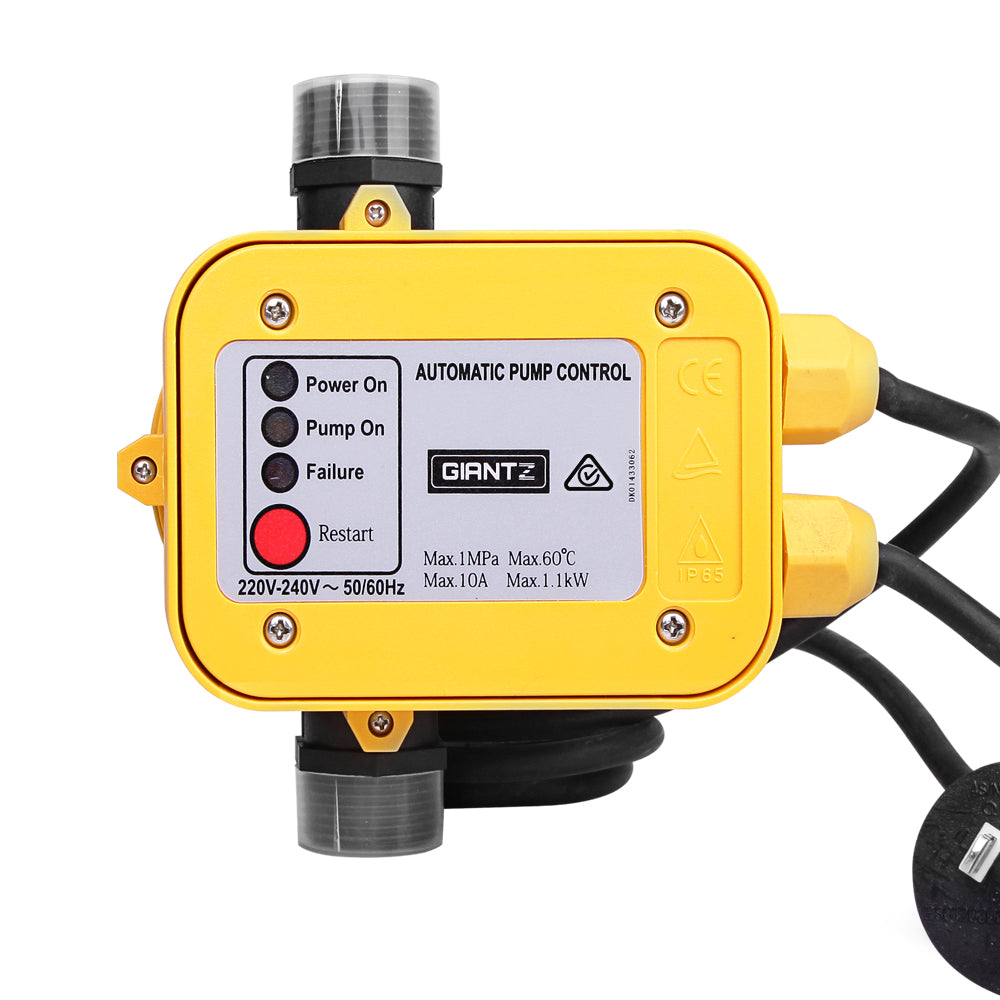 Giantz Automatic Electronic Water Pump Controller in yellow, showcasing its compact design and user-friendly features.