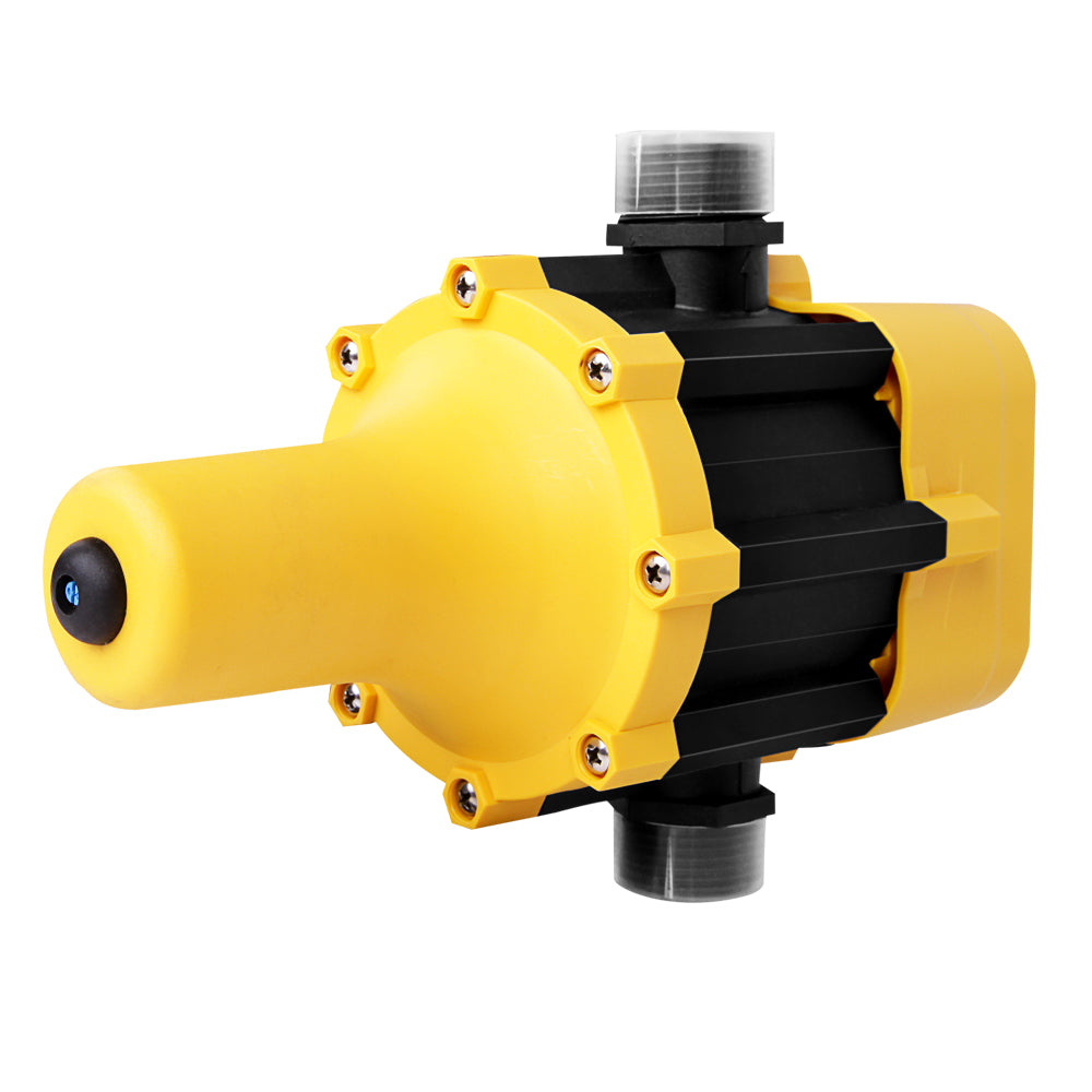 Giantz Automatic Electronic Water Pump Controller in yellow, showcasing its compact design and user-friendly features.