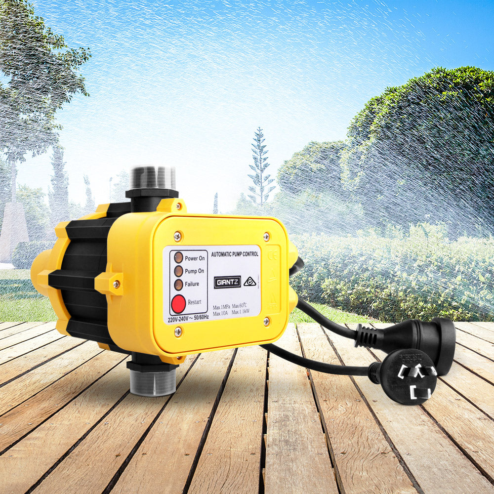 Giantz Automatic Electronic Water Pump Controller in yellow, showcasing its compact design and user-friendly features.