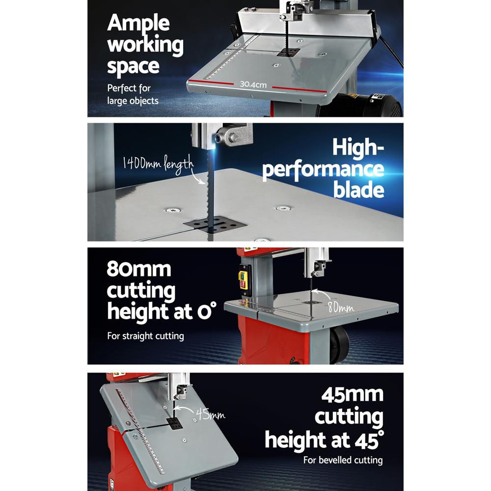 Giantz Bandsaw with LED lamps and quick-lock fence clamp, designed for precise wood cutting.