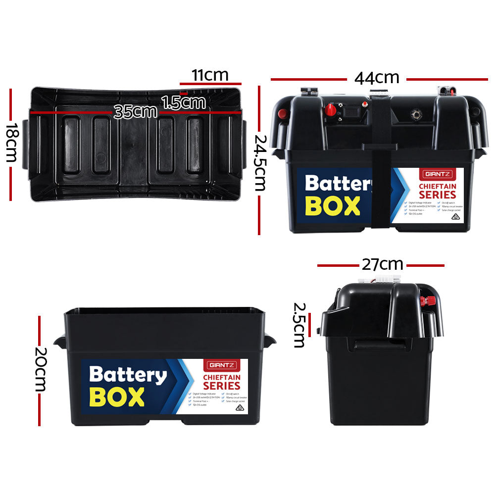 GIANTZ Battery Box 12V with USB ports and cigarette lighter socket, designed for deep cycle AGM batteries, showcasing its sturdy build and digital voltage indicator.