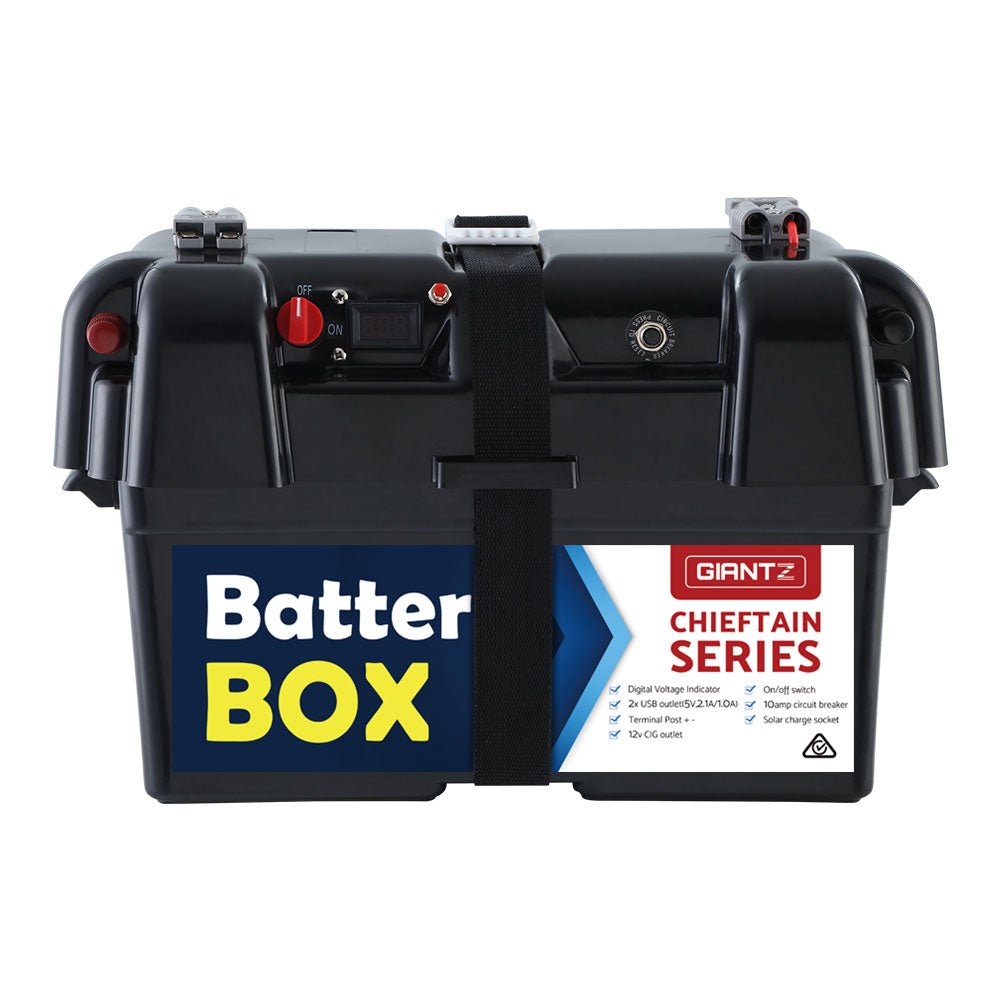 GIANTZ Battery Box 12V with USB ports and cigarette lighter socket, designed for deep cycle AGM batteries, showcasing its sturdy build and digital voltage indicator.