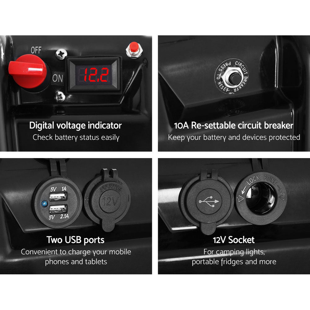 GIANTZ Battery Box 12V with USB ports and cigarette lighter socket, designed for deep cycle AGM batteries, showcasing its sturdy build and digital voltage indicator.