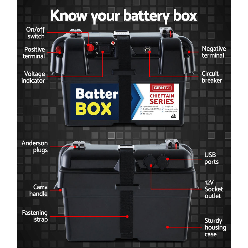 GIANTZ Battery Box 12V with USB ports and cigarette lighter socket, designed for deep cycle AGM batteries, showcasing its sturdy build and digital voltage indicator.