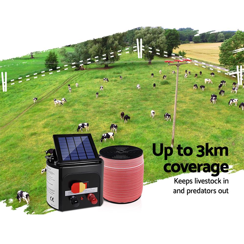 Giantz Electric Fence Energiser with solar panel and polytape, designed for livestock safety and effective fencing solutions.