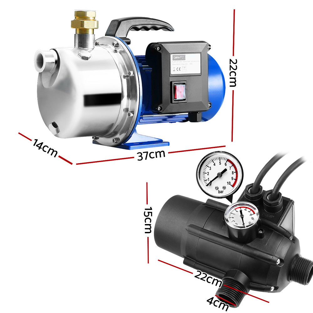 Giantz Garden Water Pump with stainless steel body and automatic pressure controller, ideal for high-pressure watering tasks.