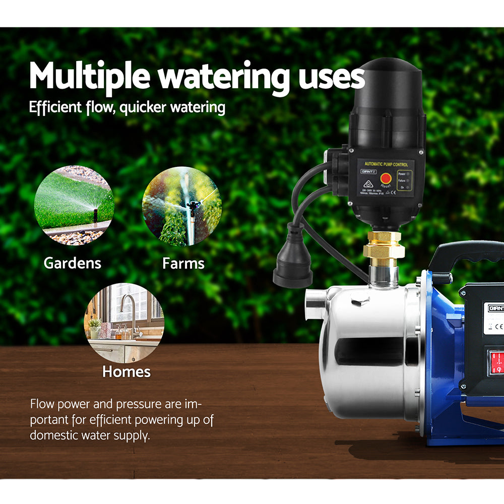 Giantz Garden Water Pump with stainless steel body and automatic pressure controller, ideal for high-pressure watering tasks.