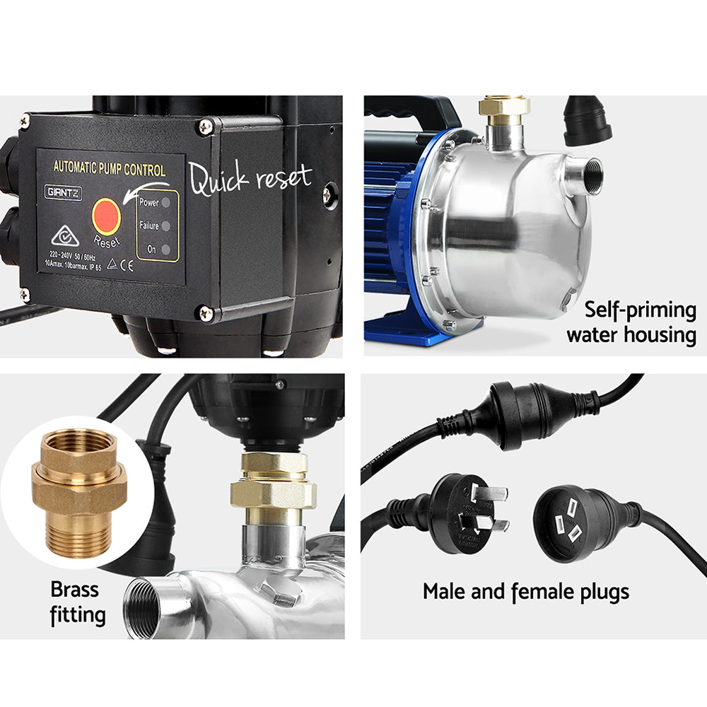 Giantz Garden Water Pump with stainless steel body and automatic pressure controller, ideal for high-pressure watering tasks.