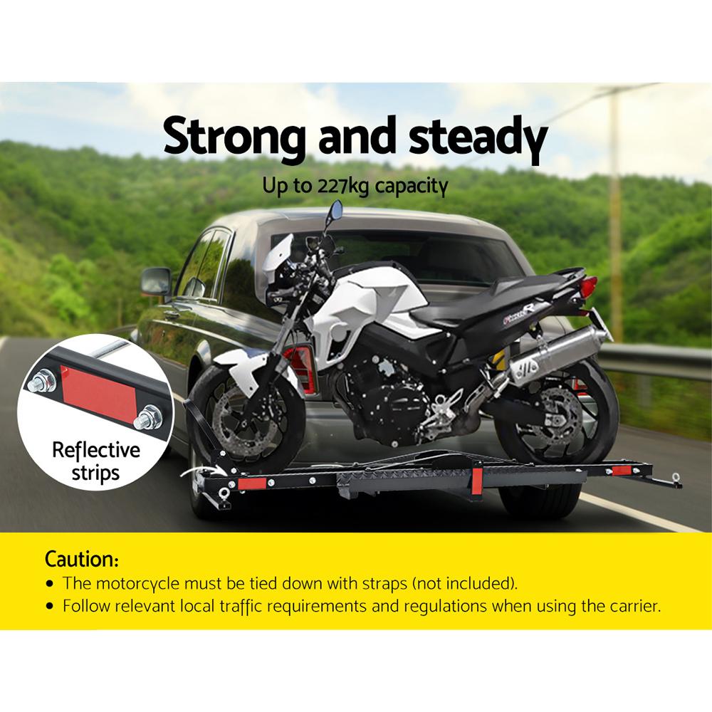 Giantz Motorcycle Carrier with two arms, ramp, and adjustable wheel chock, designed for secure transport of motorbikes and dirt bikes.