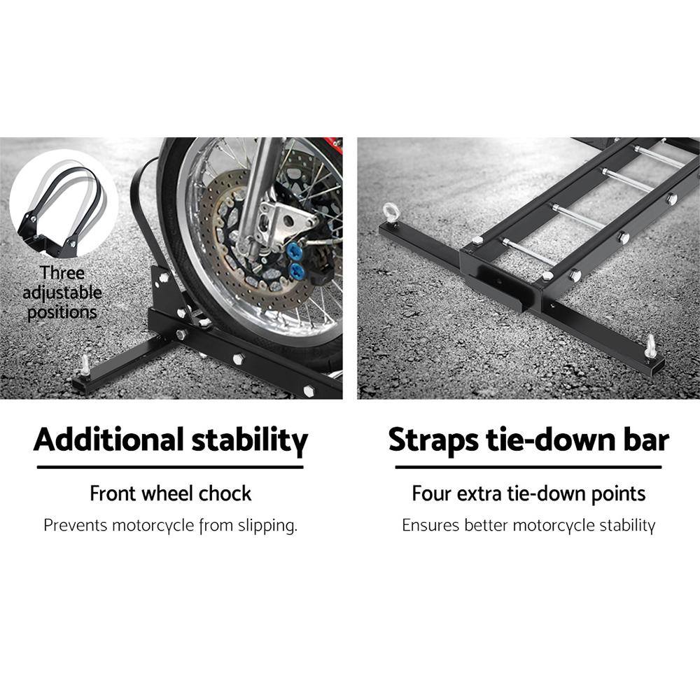 Giantz Motorcycle Carrier with two arms, ramp, and adjustable wheel chock, designed for secure transport of motorbikes and dirt bikes.