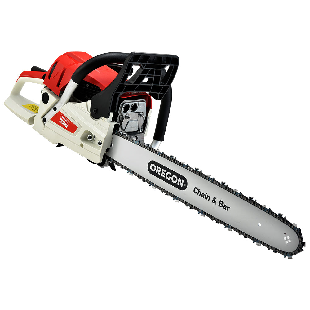 Giantz Petrol Chainsaw with 20-inch Oregon bar, showcasing its powerful engine and ergonomic design for efficient cutting.