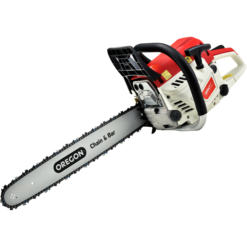 Giantz Petrol Chainsaw with 20-inch Oregon bar, showcasing its powerful engine and ergonomic design for efficient cutting.