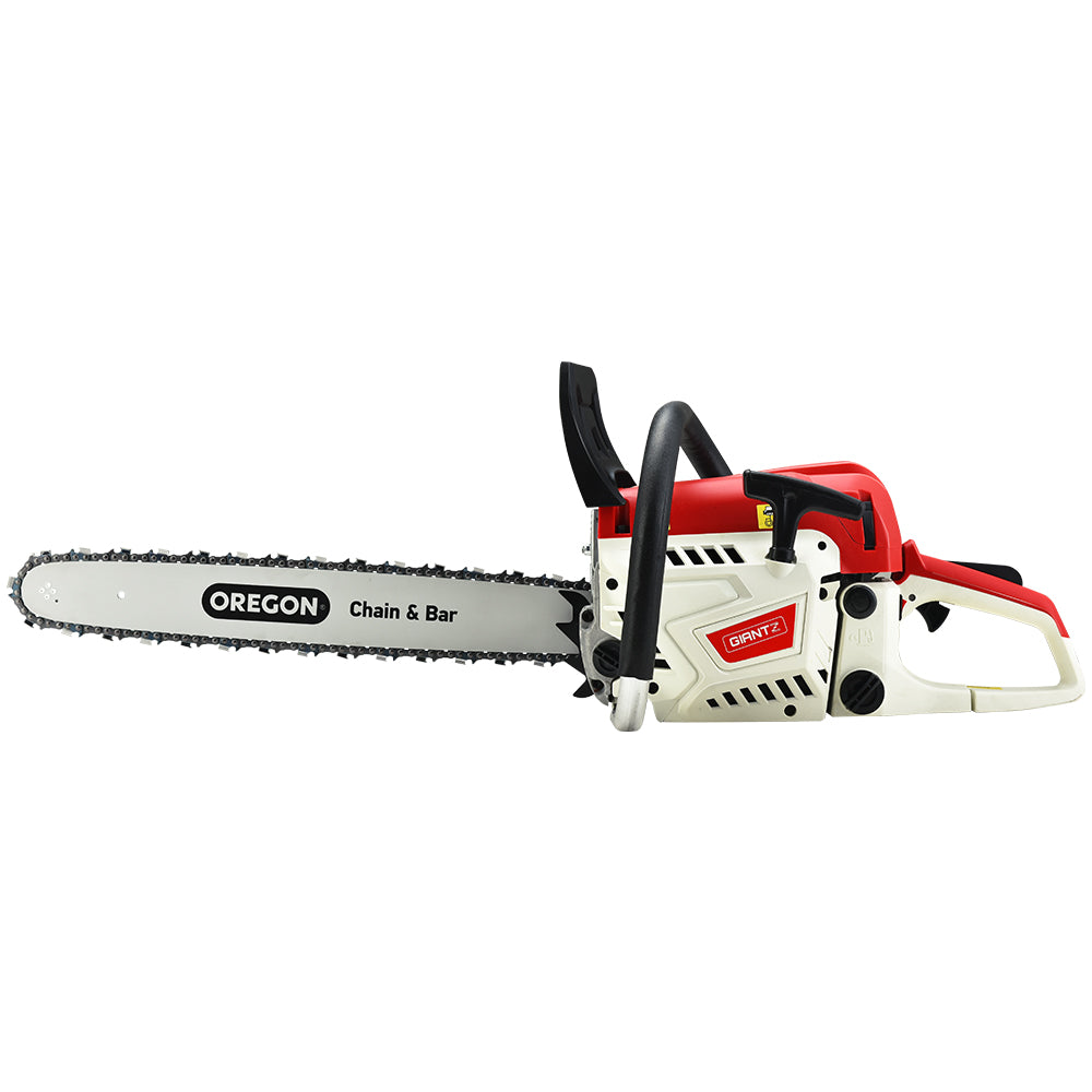 Giantz Petrol Chainsaw with 20-inch Oregon bar, showcasing its powerful engine and ergonomic design for efficient cutting.