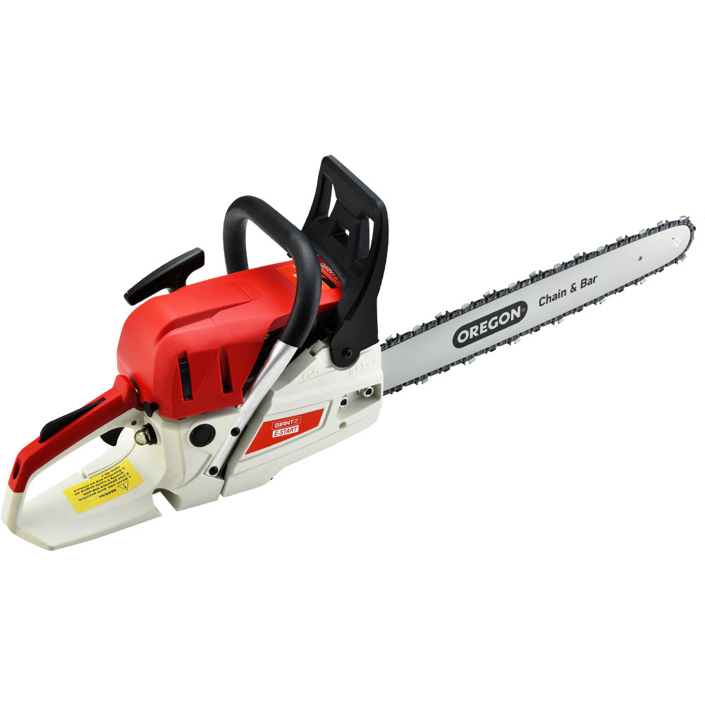 Giantz Petrol Chainsaw with 20-inch Oregon bar, showcasing its powerful engine and ergonomic design for efficient cutting.