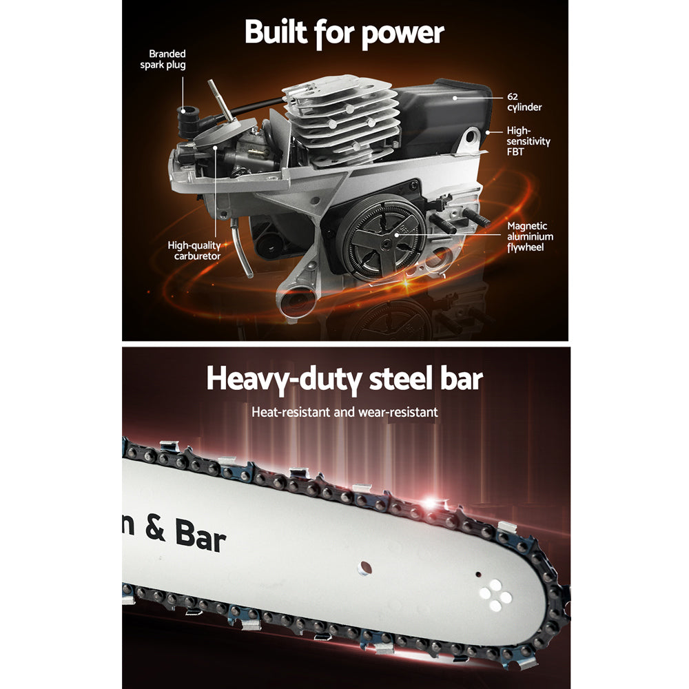 Giantz Petrol Chainsaw with 20-inch Oregon bar, showcasing its powerful engine and ergonomic design for efficient cutting.