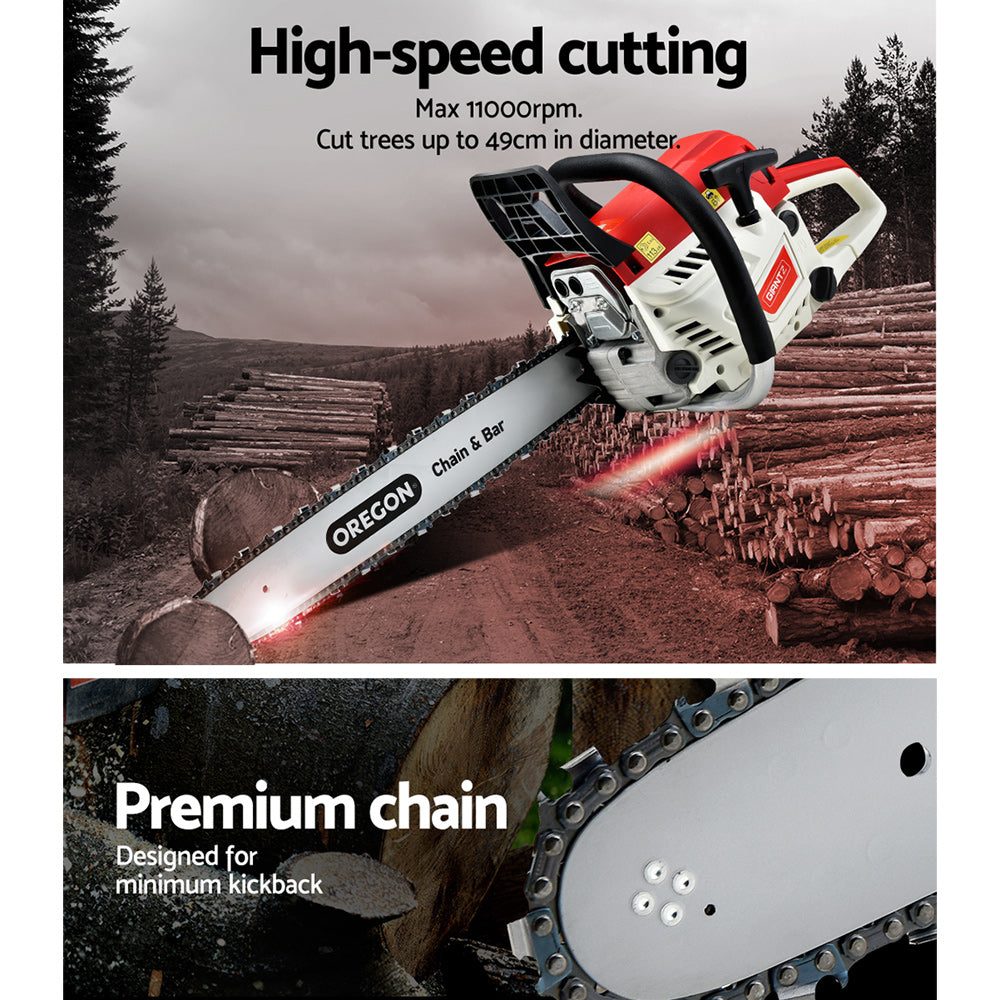 Giantz Petrol Chainsaw with 20-inch Oregon bar, showcasing its powerful engine and ergonomic design for efficient cutting.