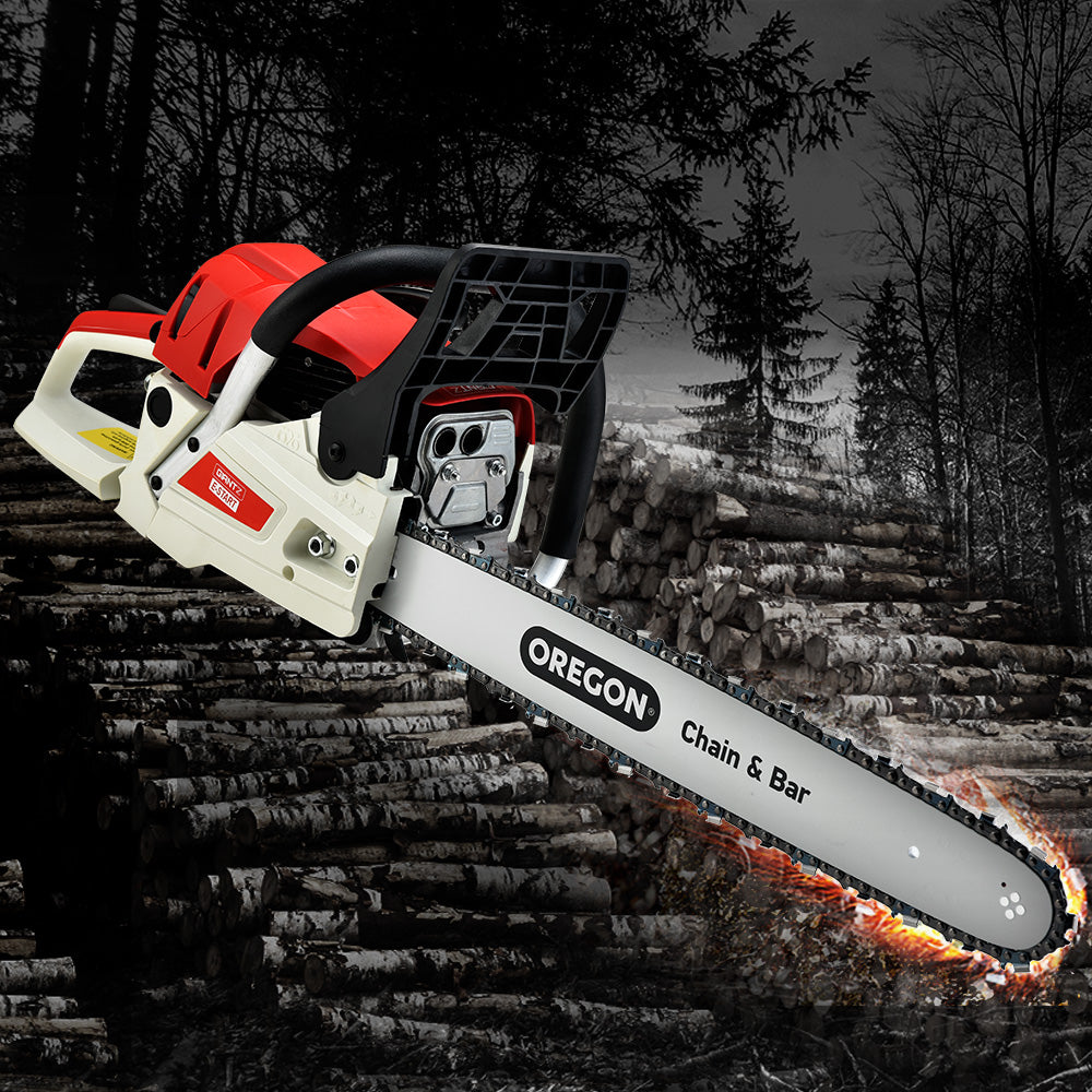 Giantz Petrol Chainsaw with 20-inch Oregon bar, showcasing its powerful engine and ergonomic design for efficient cutting.