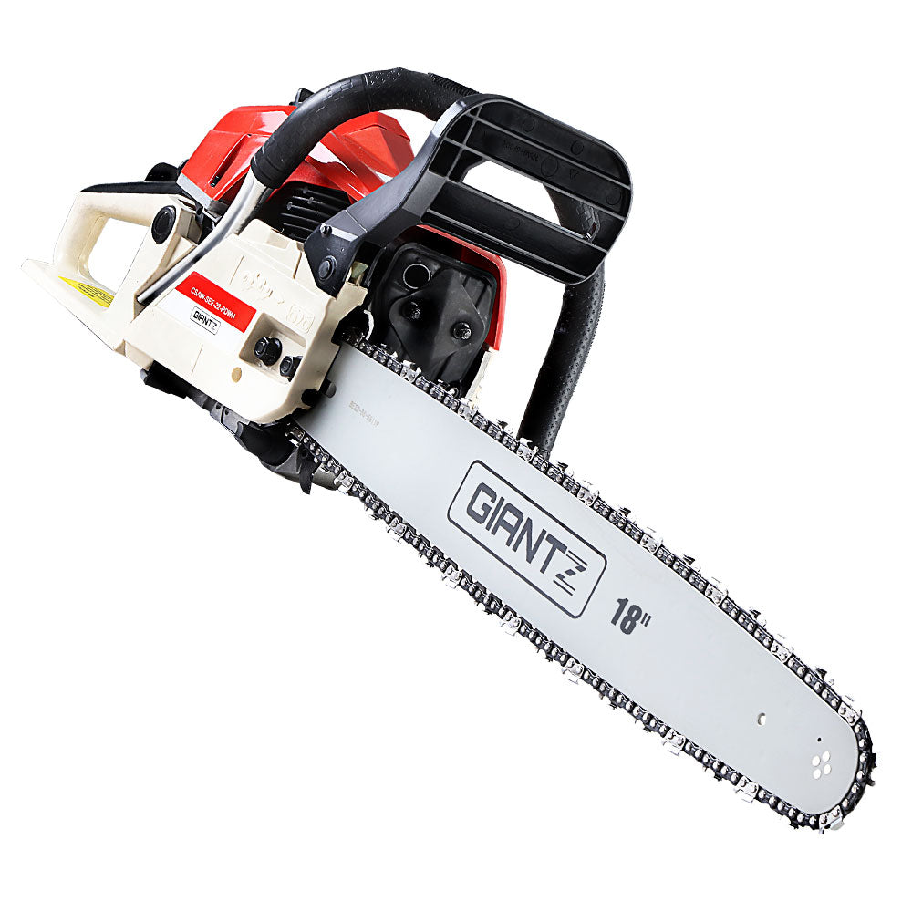 Giantz Petrol Chainsaw Commercial E-Start 18'' with 75CC engine and Oregon chain, designed for heavy-duty cutting tasks.