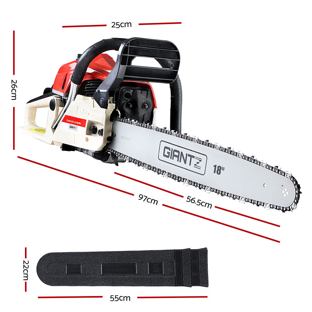 Giantz Petrol Chainsaw Commercial E-Start 18'' with 75CC engine and Oregon chain, designed for heavy-duty cutting tasks.