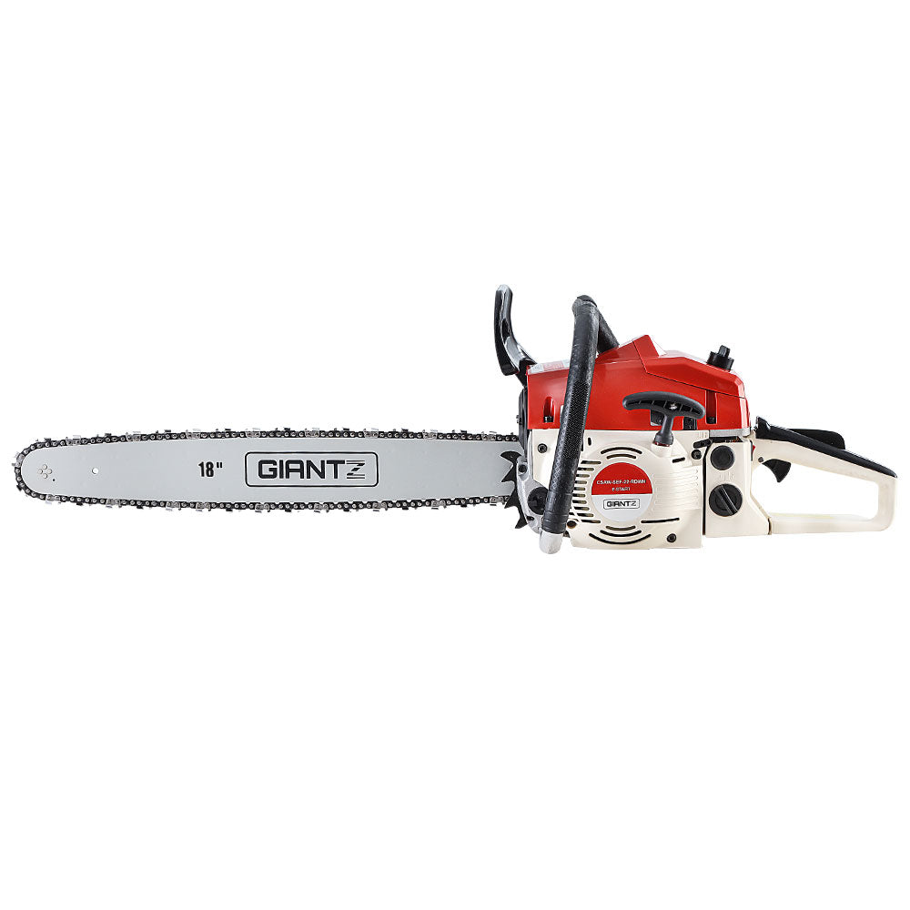 Giantz Petrol Chainsaw Commercial E-Start 18'' with 75CC engine and Oregon chain, designed for heavy-duty cutting tasks.