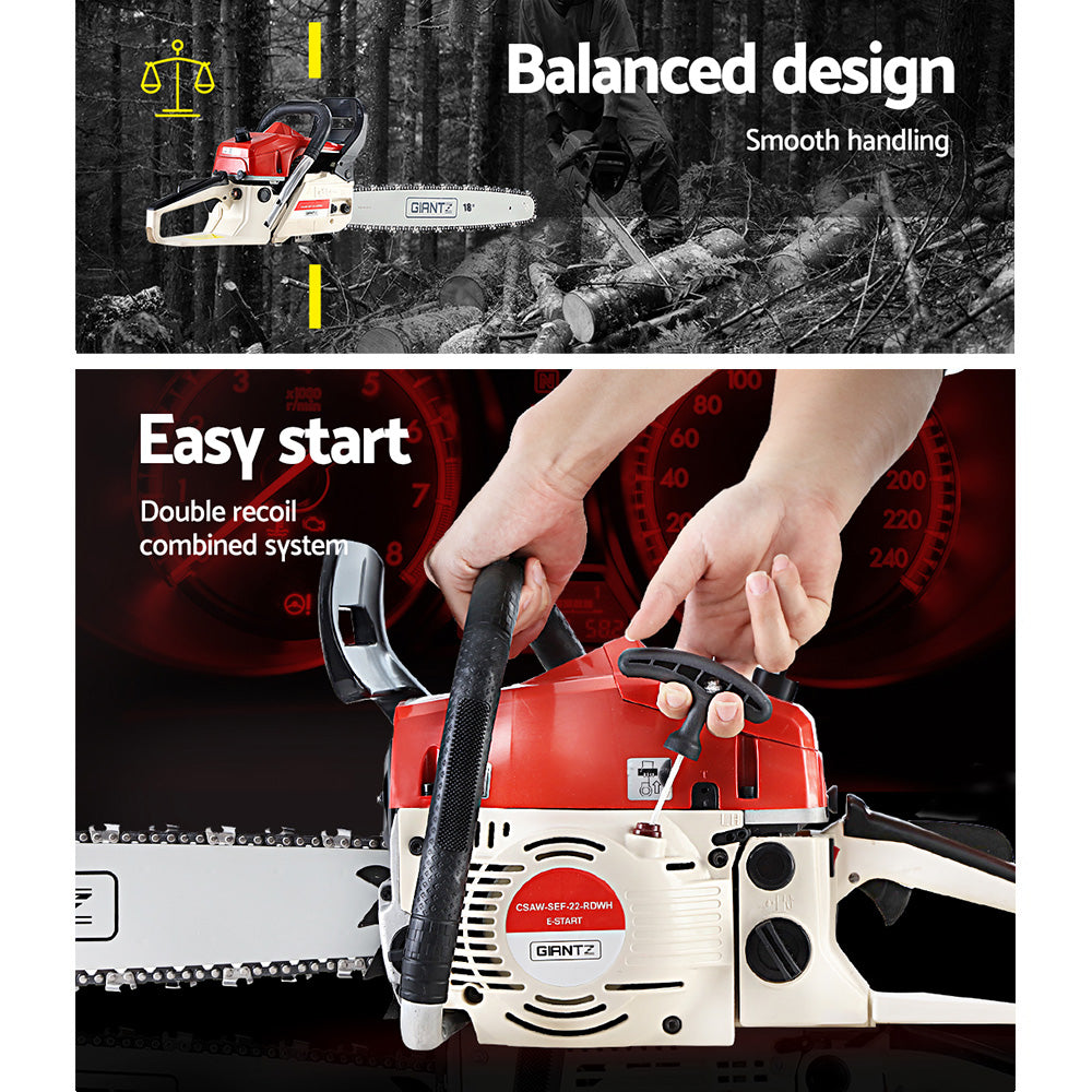 Giantz Petrol Chainsaw Commercial E-Start 18'' with 75CC engine and Oregon chain, designed for heavy-duty cutting tasks.