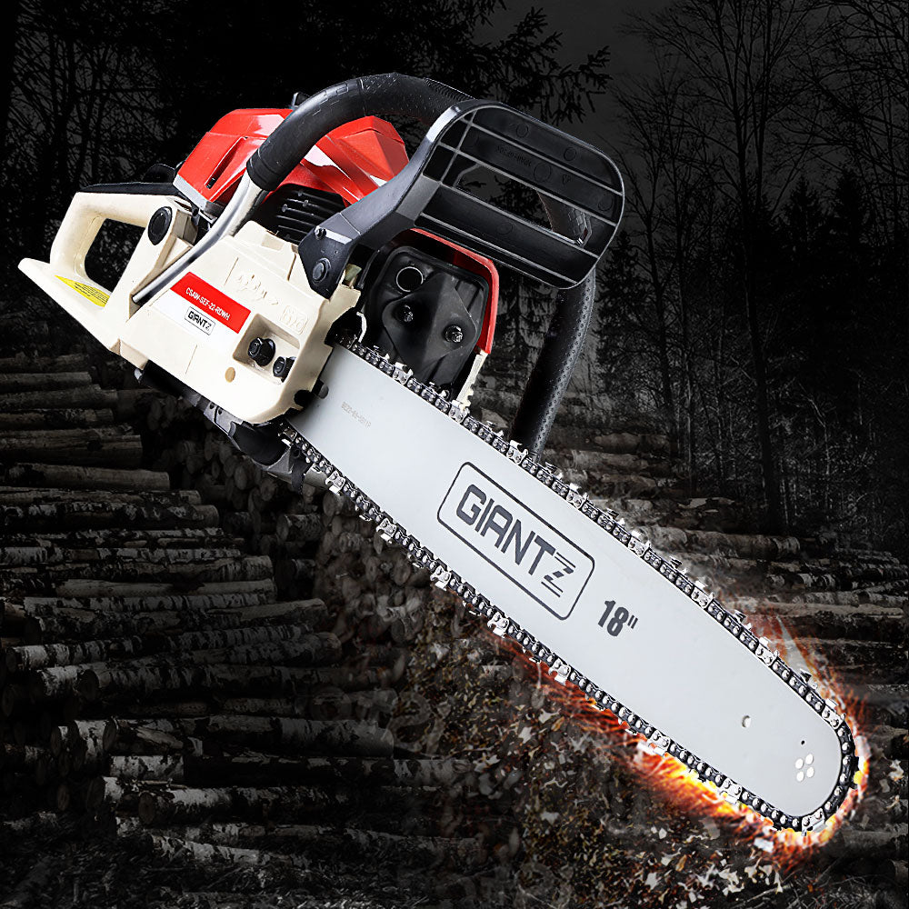 Giantz Petrol Chainsaw Commercial E-Start 18'' with 75CC engine and Oregon chain, designed for heavy-duty cutting tasks.