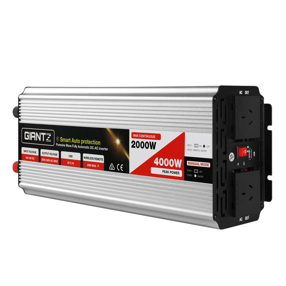 Giantz Power Inverter 2000W/4000W with dual 240V sockets and USB output, ideal for camping and home use.