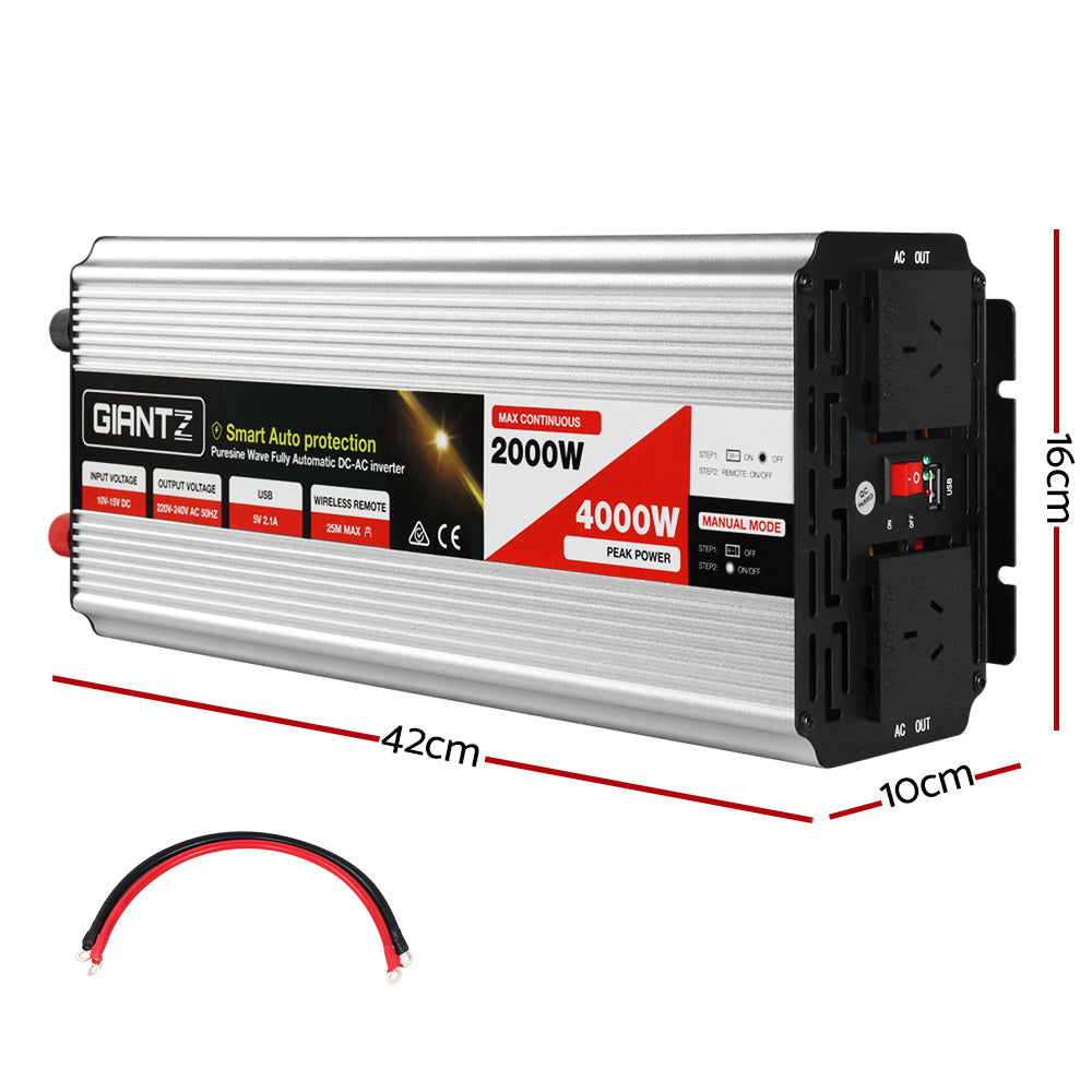 Giantz Power Inverter 2000W/4000W with dual 240V sockets and USB output, ideal for camping and home use.