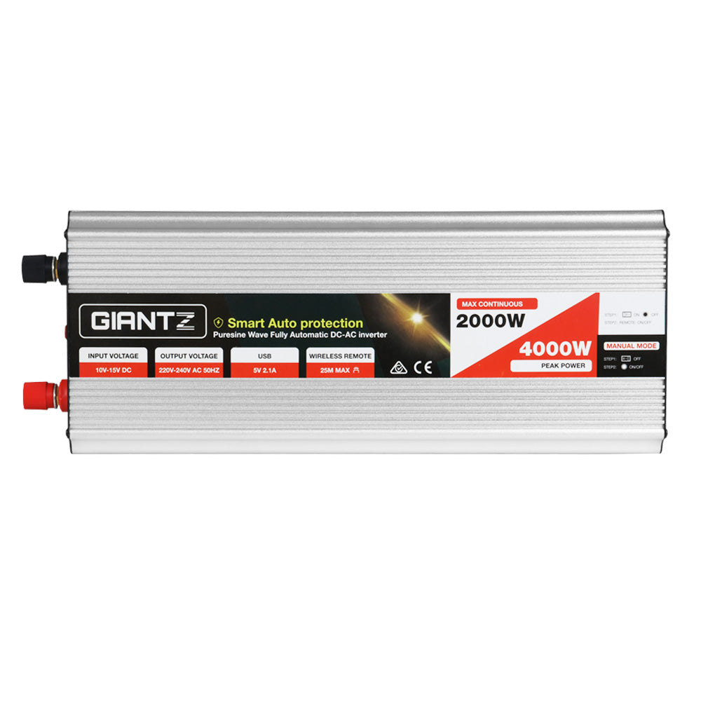 Giantz Power Inverter 2000W/4000W with dual 240V sockets and USB output, ideal for camping and home use.