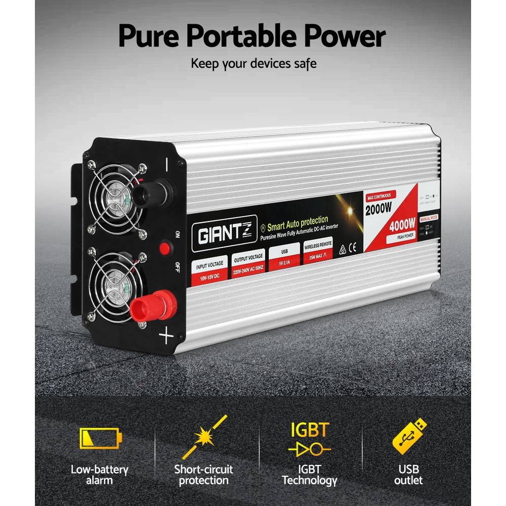 Giantz Power Inverter 2000W/4000W with dual 240V sockets and USB output, ideal for camping and home use.