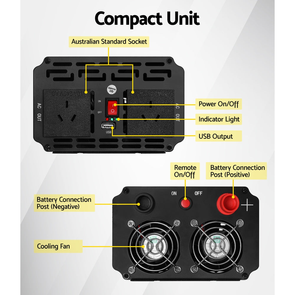 Giantz Power Inverter 2000W/4000W with dual 240V sockets and USB output, ideal for camping and home use.