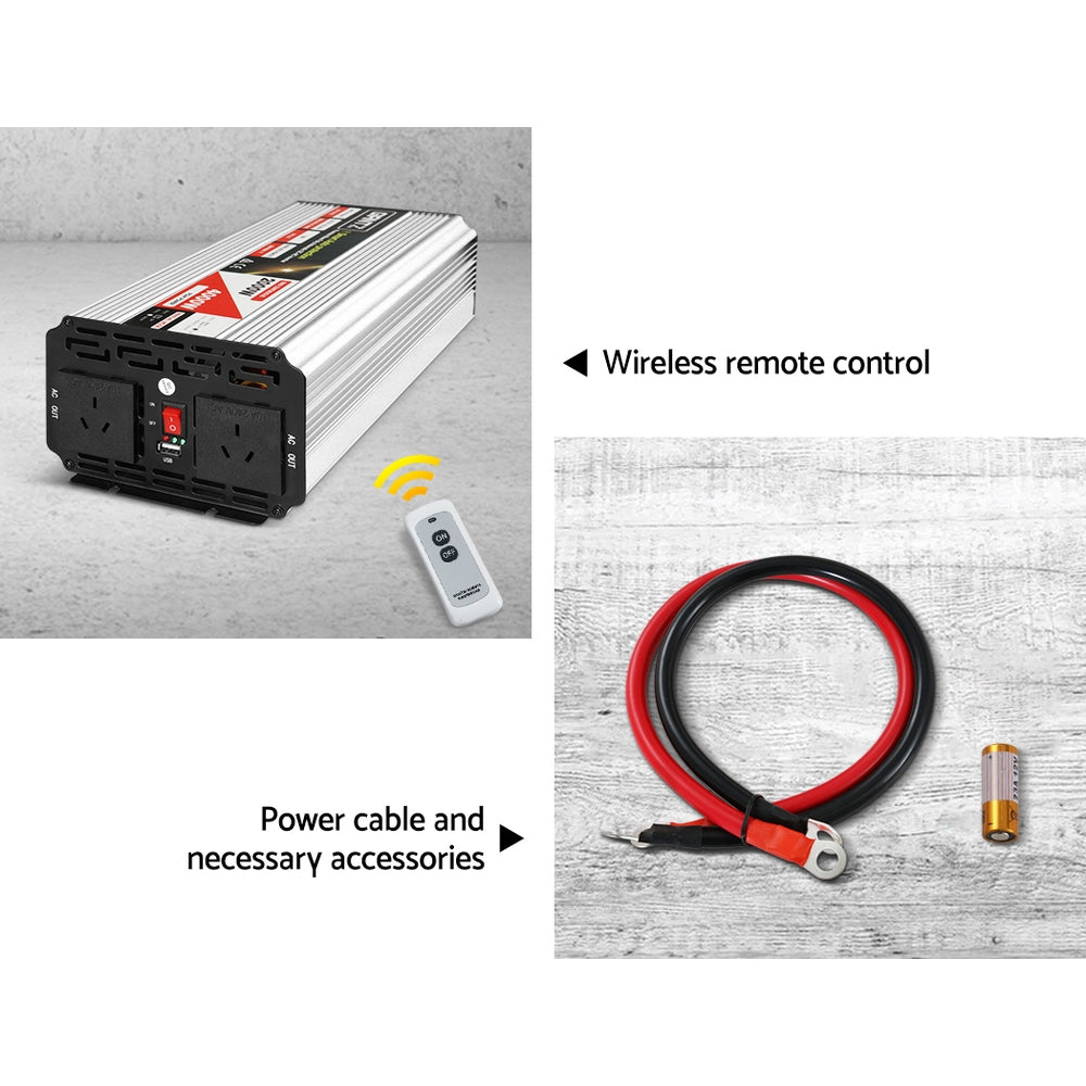 Giantz Power Inverter 2000W/4000W with dual 240V sockets and USB output, ideal for camping and home use.