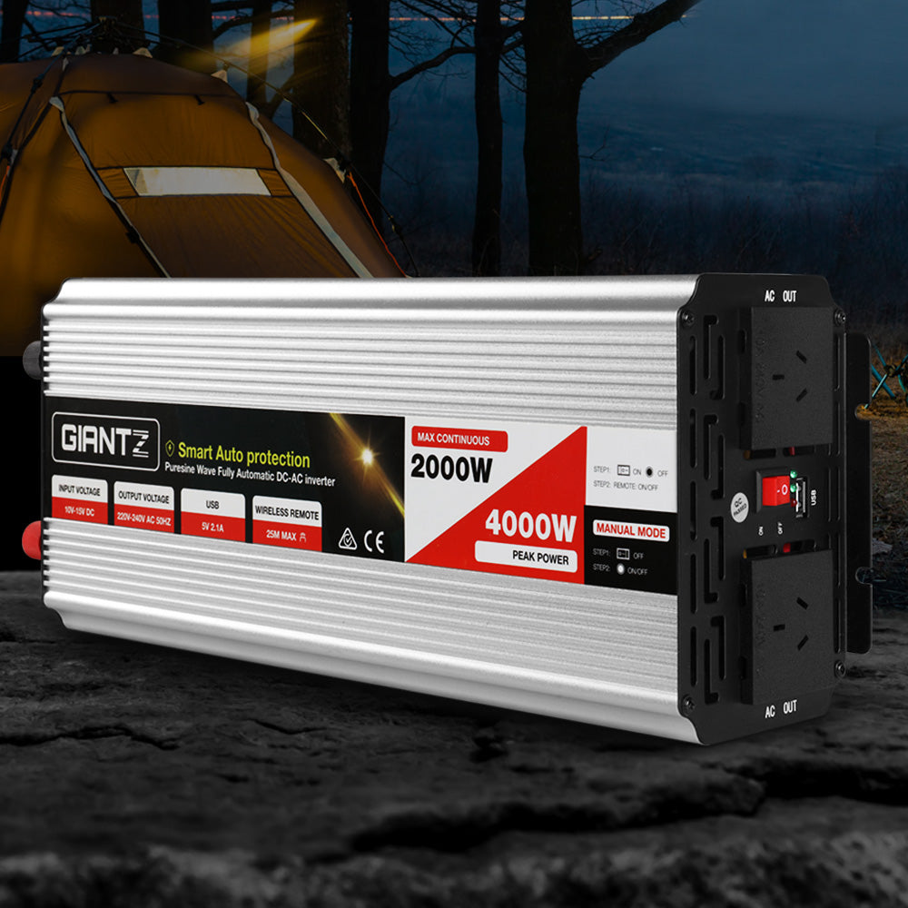 Giantz Power Inverter 2000W/4000W with dual 240V sockets and USB output, ideal for camping and home use.