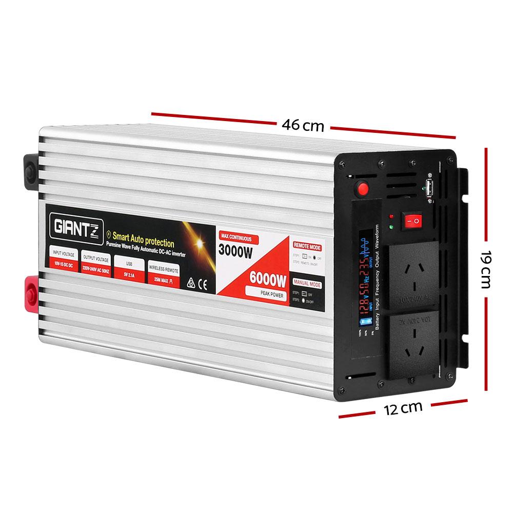 Giantz Power Inverter 3000W/6000W with dual 240V sockets and USB output, designed for camping and outdoor use.