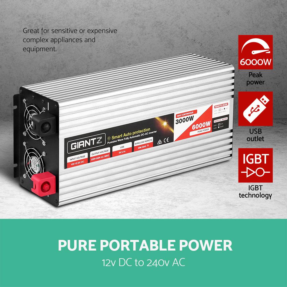 Giantz Power Inverter 3000W/6000W with dual 240V sockets and USB output, designed for camping and outdoor use.