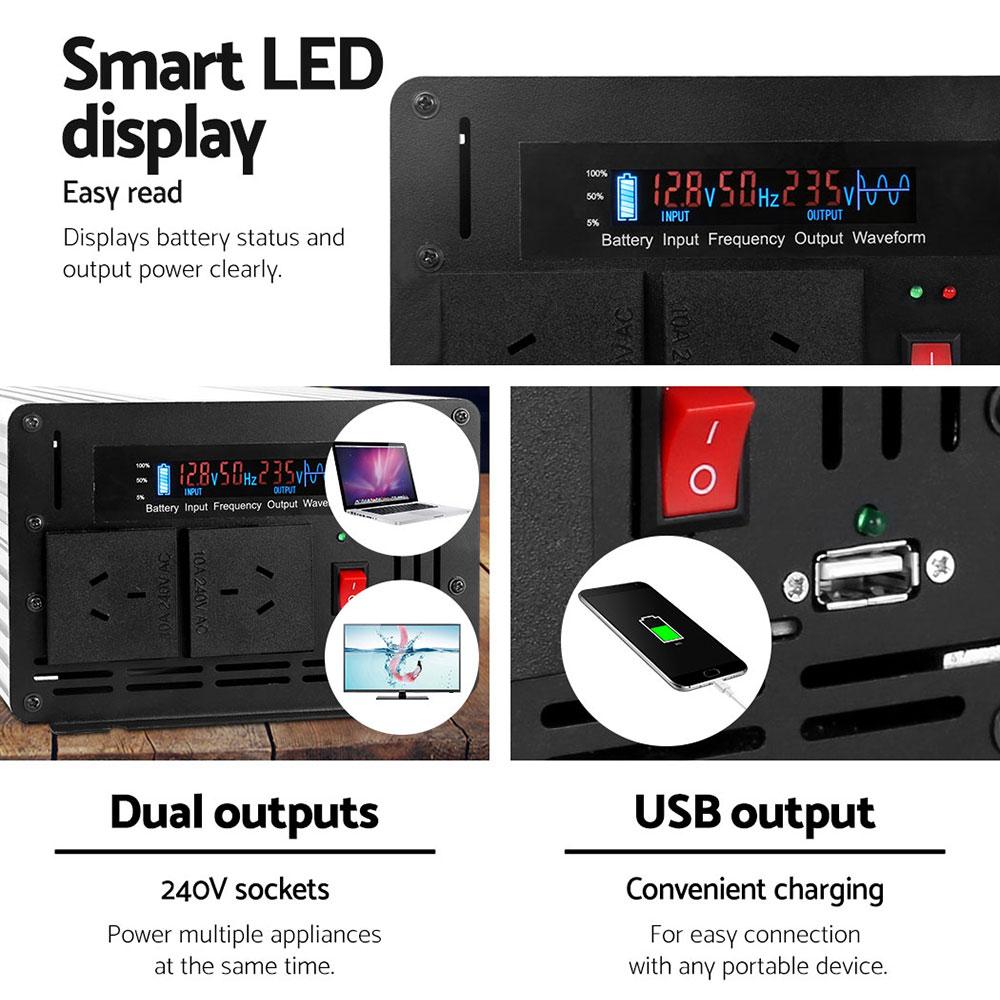 Giantz Power Inverter 3000W/6000W with dual 240V sockets and USB output, designed for camping and outdoor use.