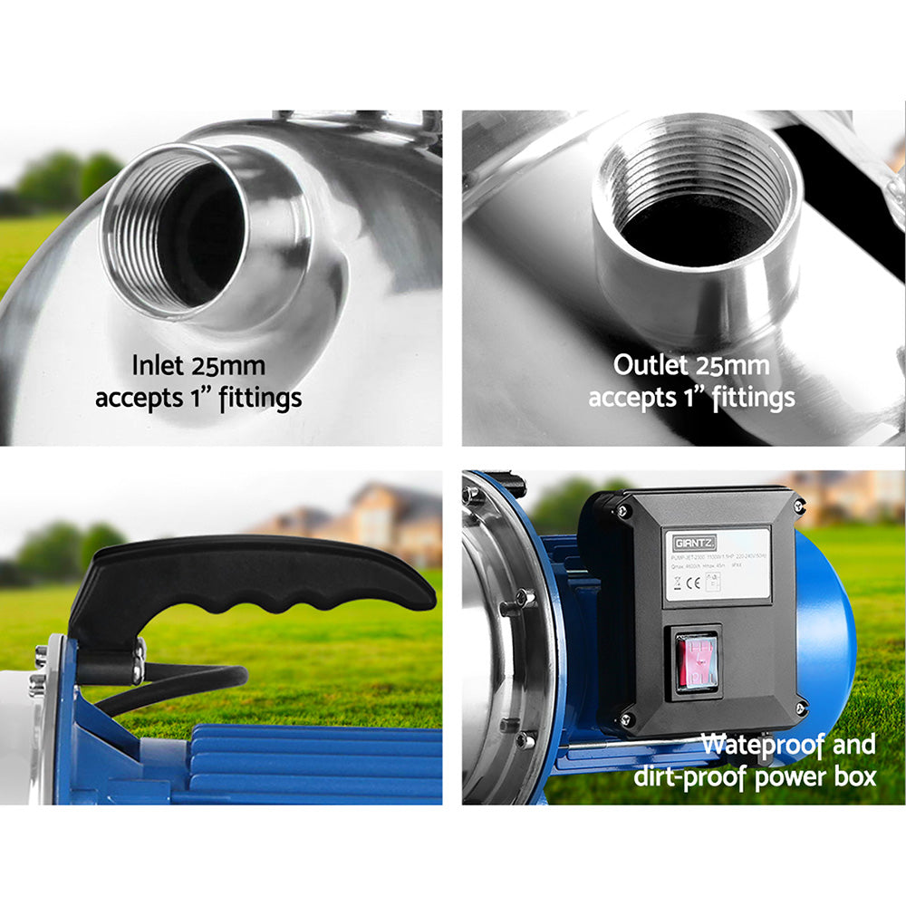 Giantz Water Pump with stainless steel body, showcasing its high-pressure capabilities and durable design, ideal for garden and home use.