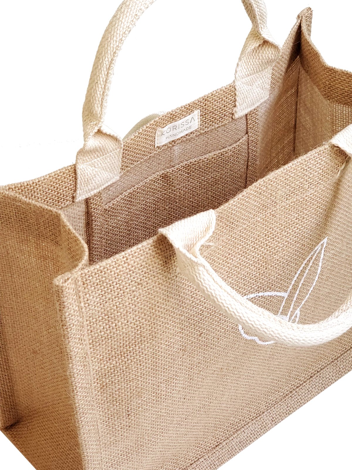 Eco-friendly gift bag made from natural jute fabric with cotton handle, showcasing a sustainable design.