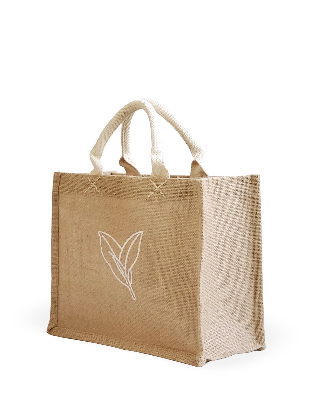 Eco-friendly gift bag made from natural jute fabric with cotton handle, showcasing a sustainable design.