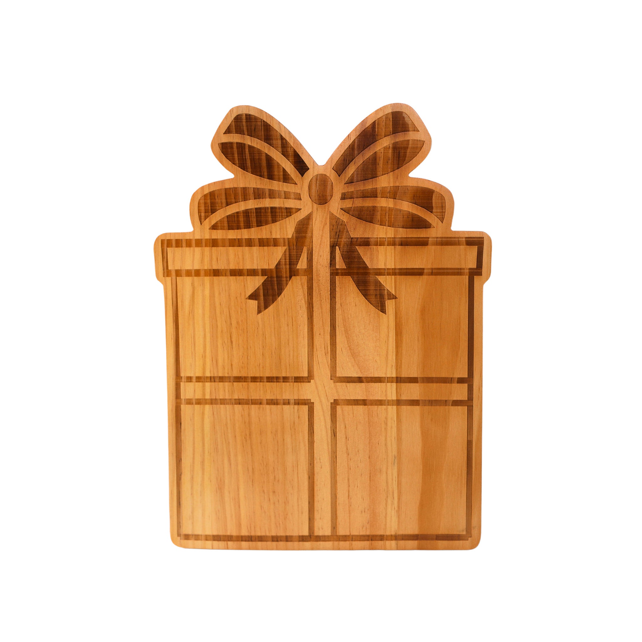 Gift Box Wood Board in cheerful gift box shape, measuring 15" x 11.25", crafted from high-quality wood for festive serving.