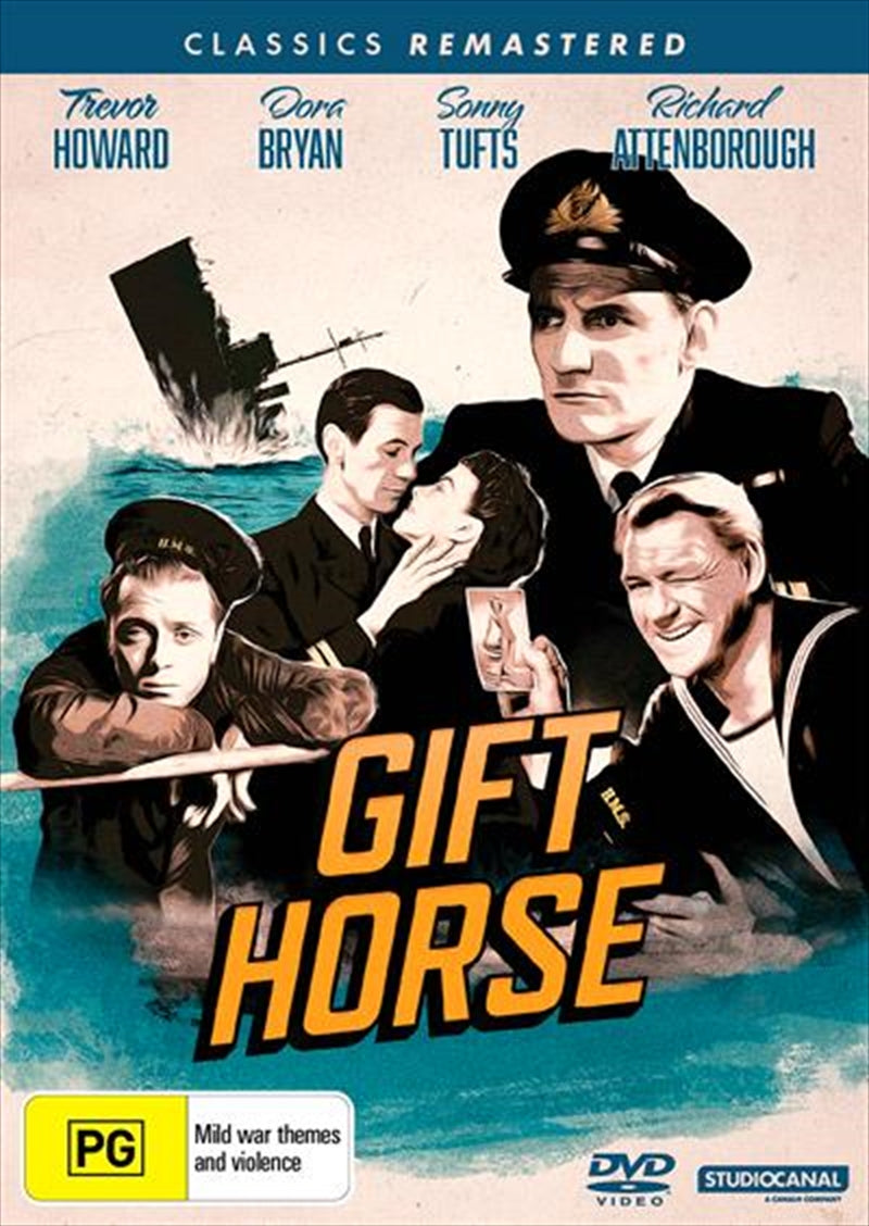 Gift Horse DVD cover featuring HMS Ballantrae and WWII themes, showcasing classic film remastered.