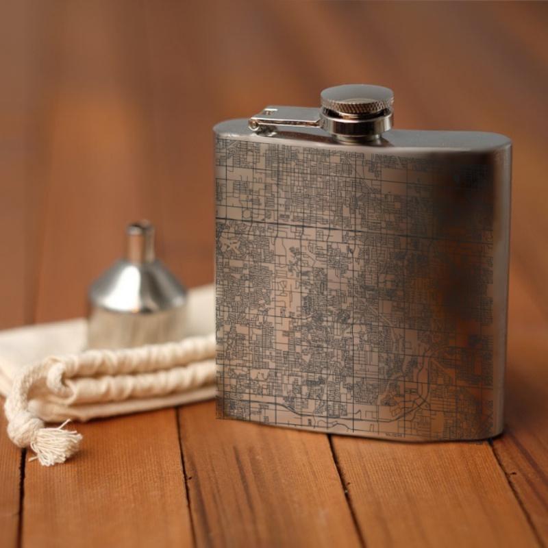 Custom engraved Gilbert, Arizona map hip flask with canvas bag and funnel.