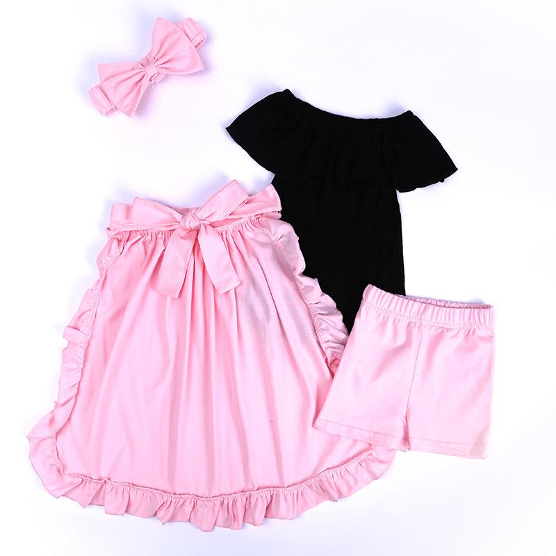 Girls Clothing Sets Summer 4pcs featuring an off-shoulder top, shorts, skirt, and headband in vibrant colors, perfect for kids aged 9 months to 6 years.